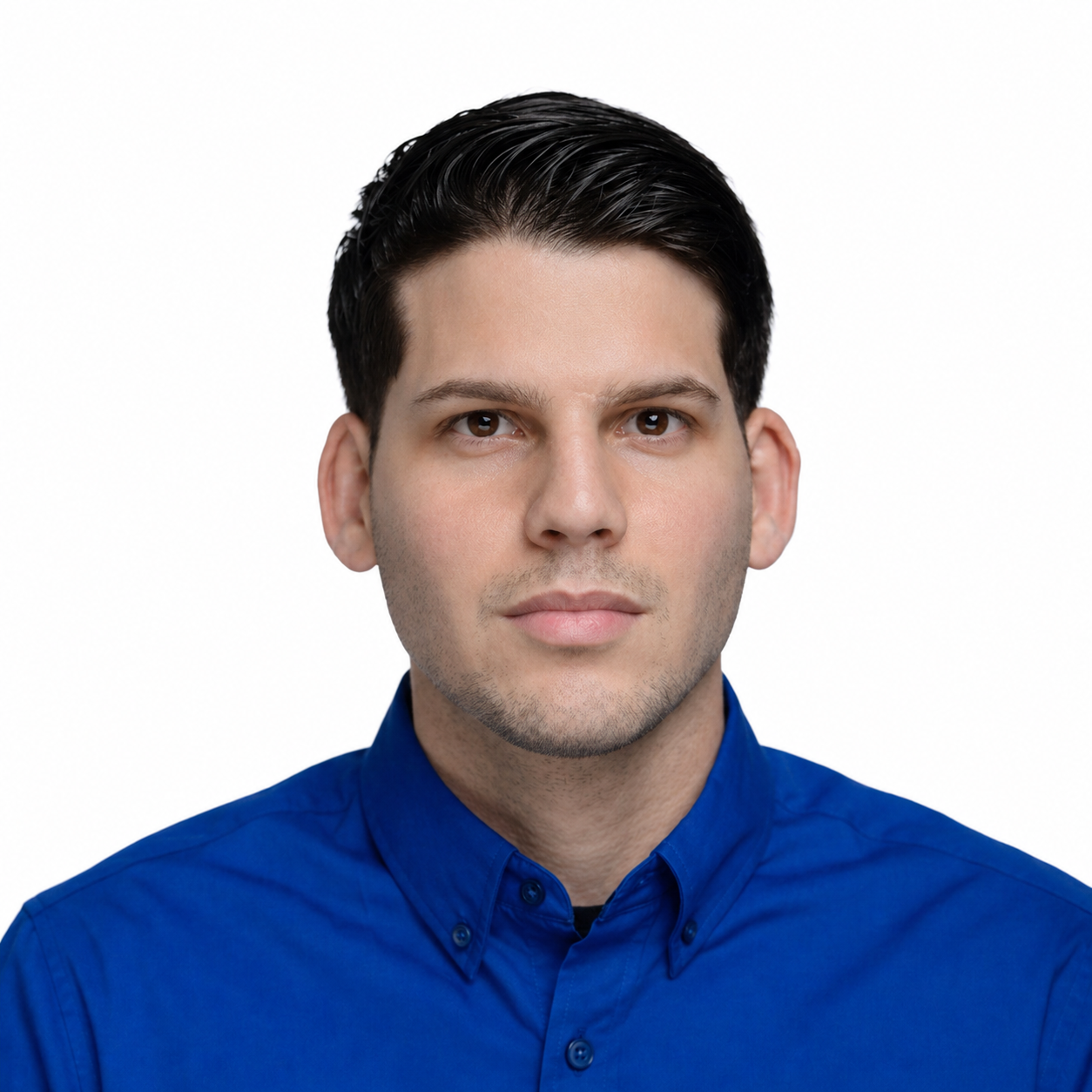 Correct passport photo example with plain light background