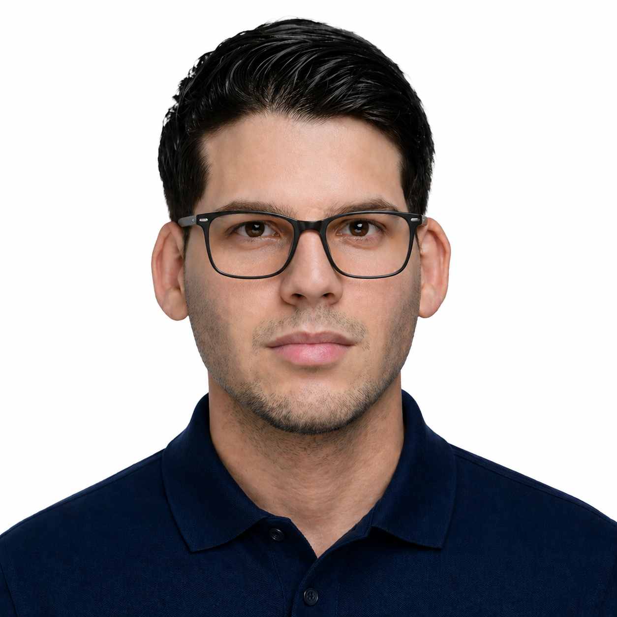 Incorrect passport photo example wearing glasses