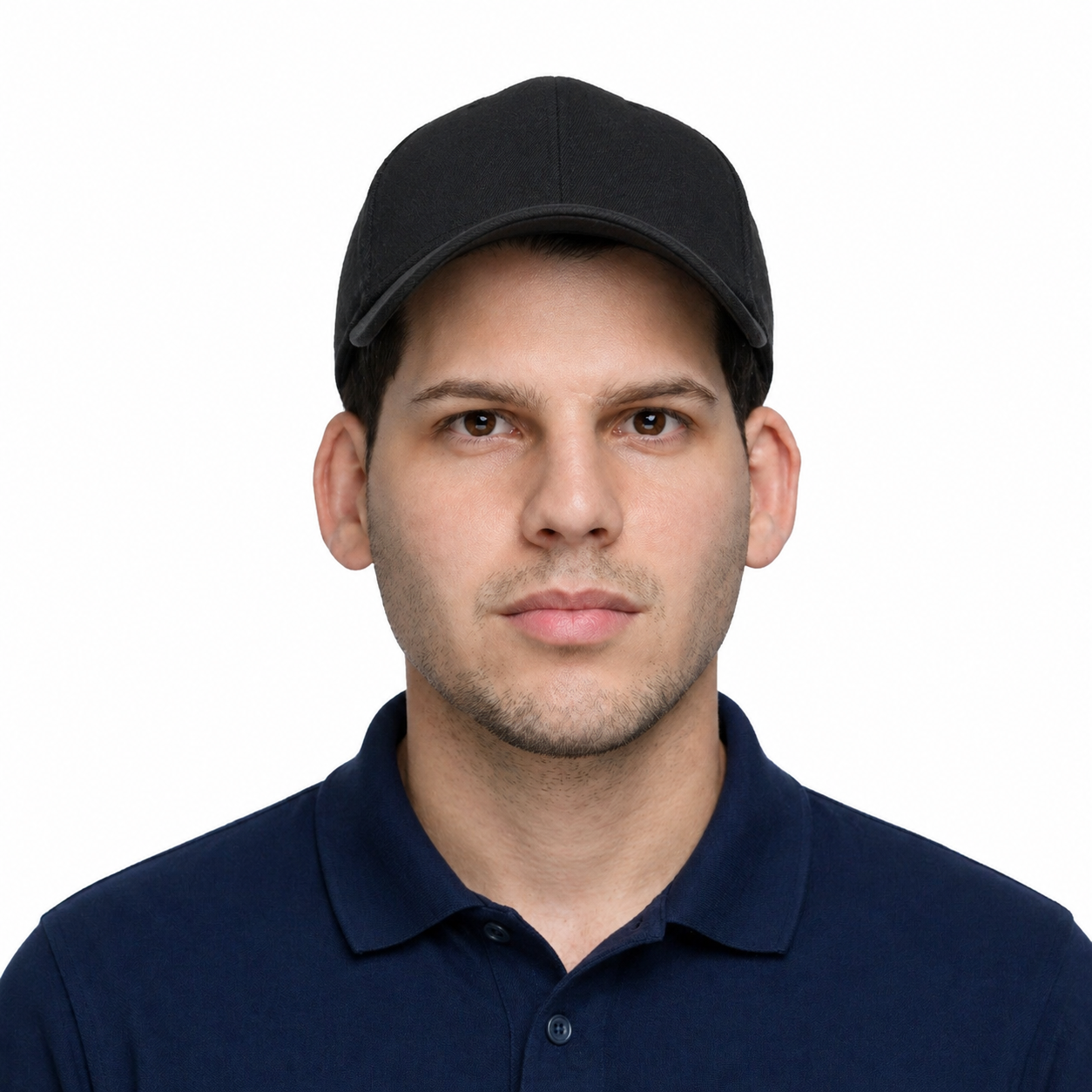Incorrect passport photo example wearing a hat